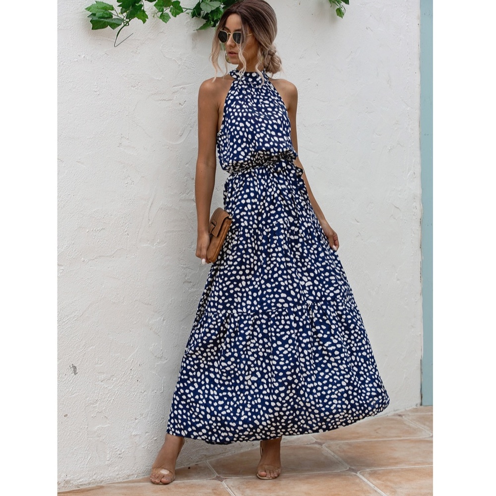 Spotted Print Maxi Dress Tie Belt High Neck - Picture 2 of 13